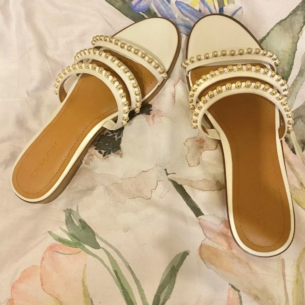 Coach Isa Studded Bead Leather Slide Sandal White